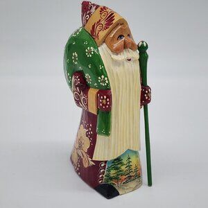 Hand Carved Russian Santa With Sack Wooden Figurine 6" Tall Signed Holiday Decor